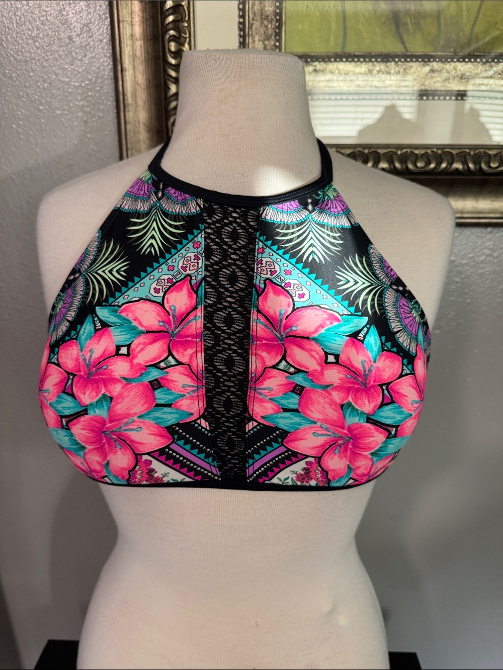 OP High Neck Floral Swim Top in Pink, Teal & Black